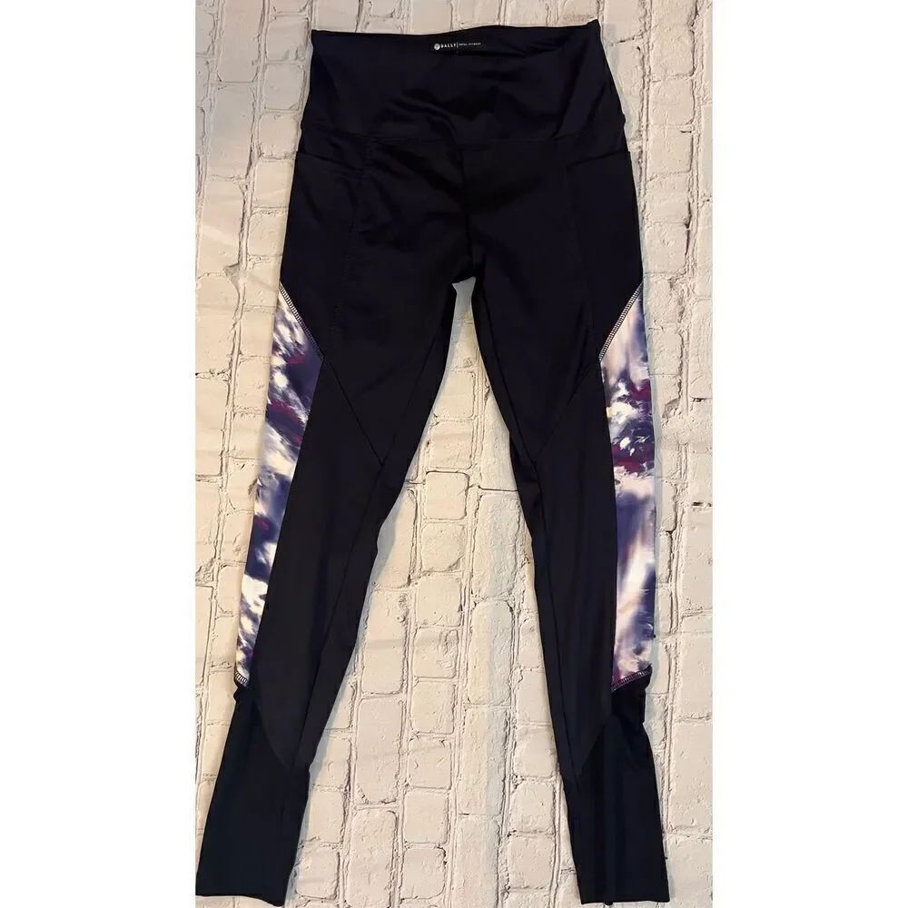 Bally Total Fitness Women's S Black Workout Leggings Purple Abstract Side Panels